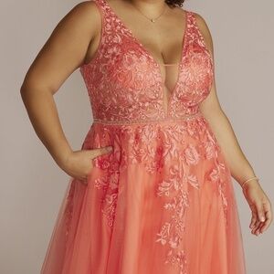 JULES AND CLEO Illusion Bodice Tulle Ball Gown With Beaded Lace In Coral Reef 20